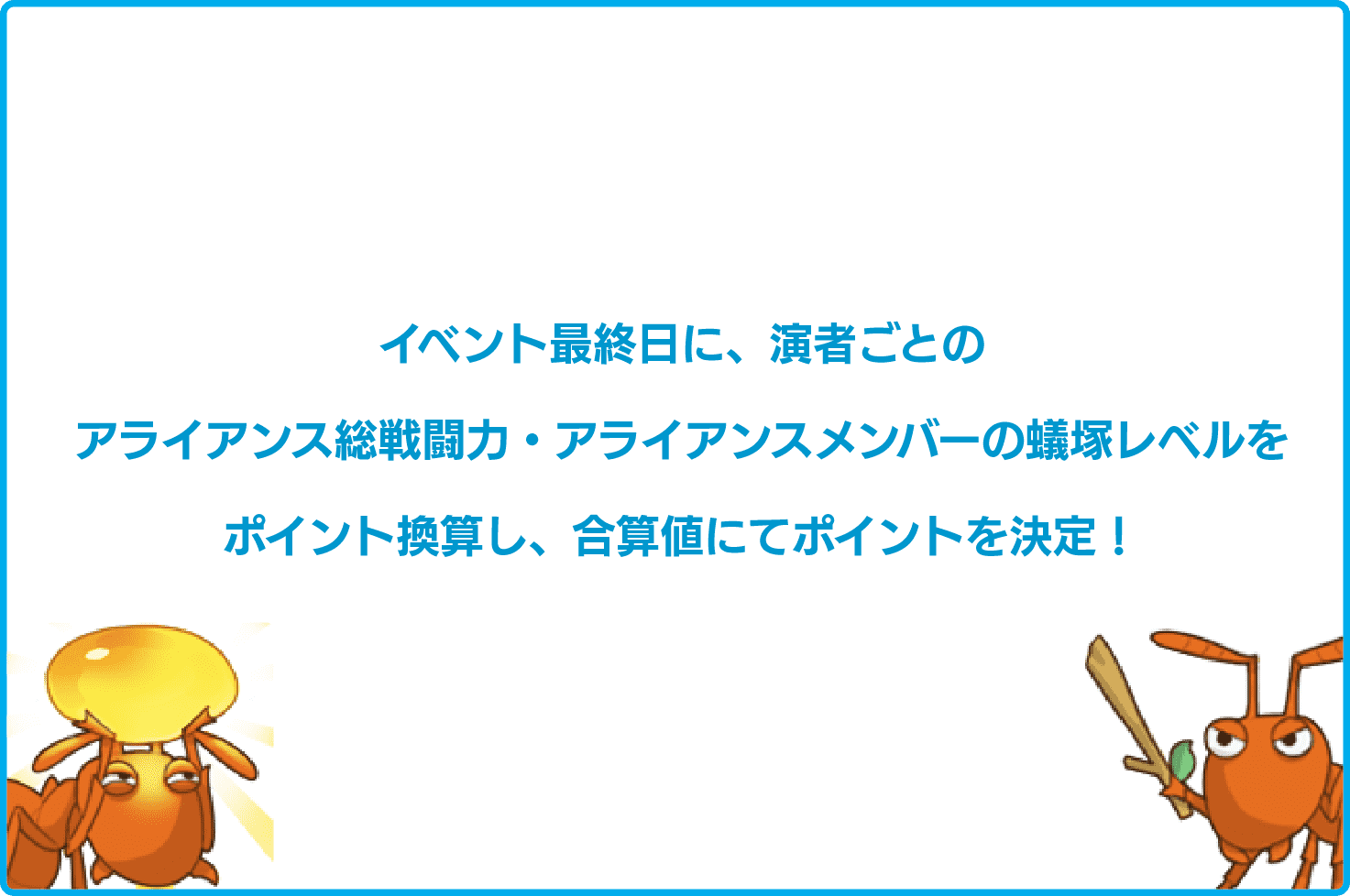 イベント最終日に、演者ごとのアライアンス戦闘力・アライアンスメンバーの蟻塚レベルをポイント換算し、合算値にてポイントを決定！